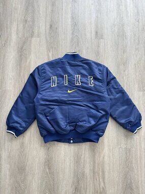 Rare Vintage 90s Nike Swoosh Varsity Jacket Kids Youth Large Button Navy Blue
